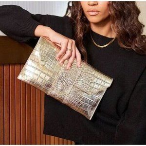 new | JJ Winters Nikki Metallic Gold Reptile Crocodile Print Clutch